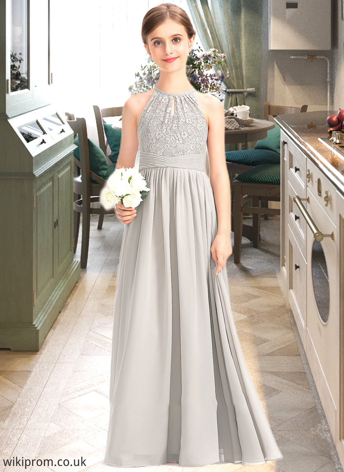 Desiree A-Line Scoop Neck Floor-Length Chiffon Lace Junior Bridesmaid Dress With Ruffle SWKP0013409