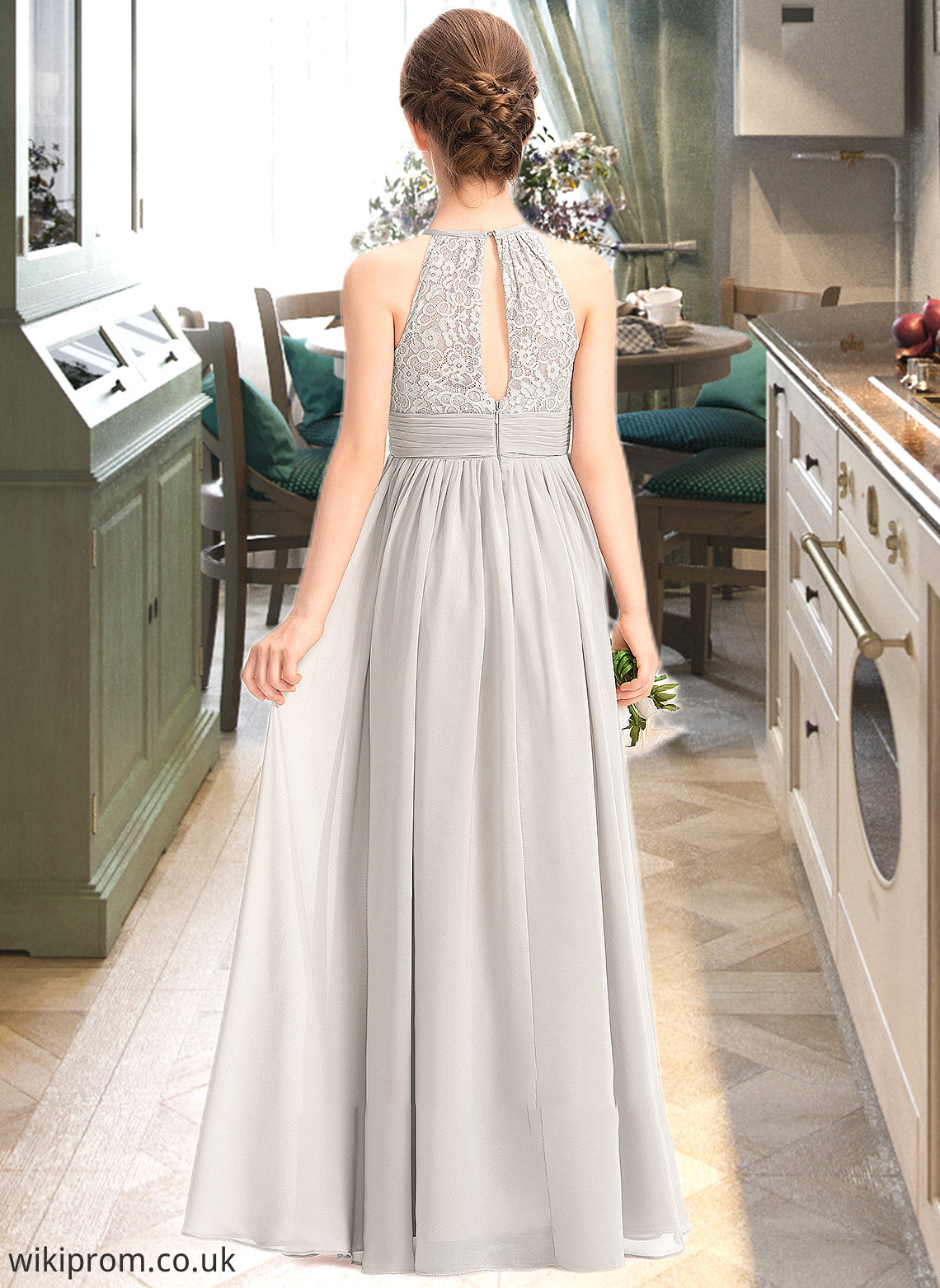 Desiree A-Line Scoop Neck Floor-Length Chiffon Lace Junior Bridesmaid Dress With Ruffle SWKP0013409