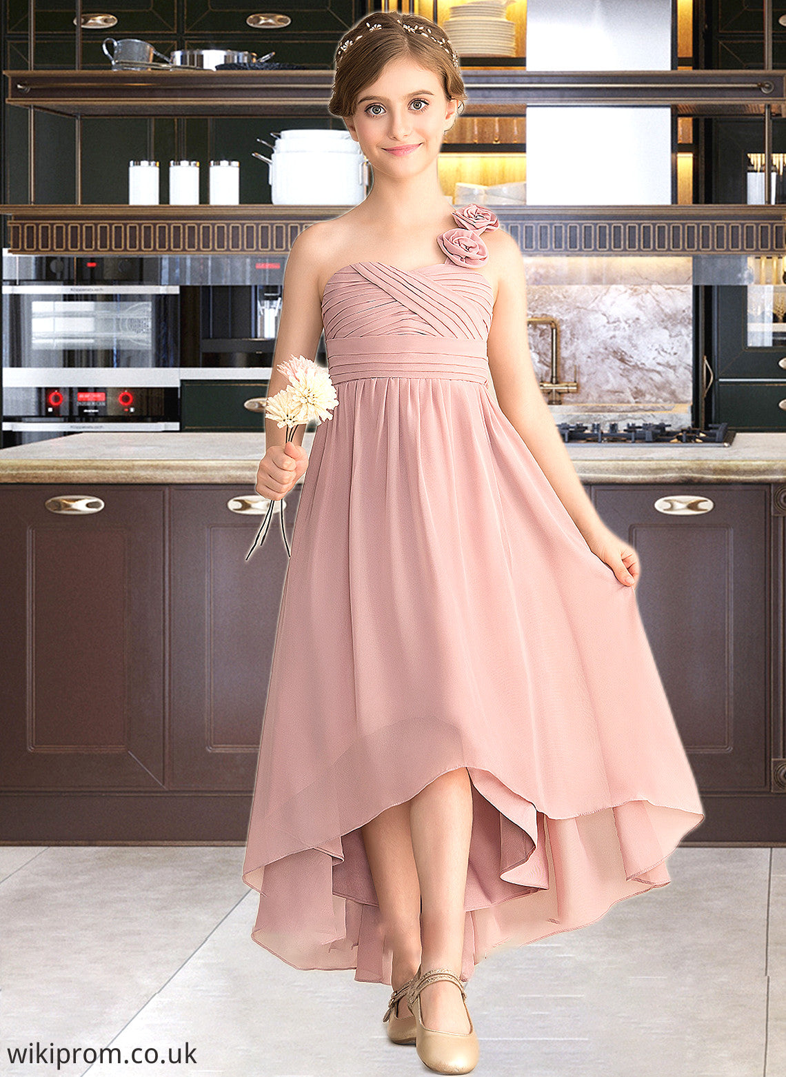 Ashley A-Line One-Shoulder Asymmetrical Chiffon Junior Bridesmaid Dress With Ruffle Flower(s) Bow(s) SWKP0013410