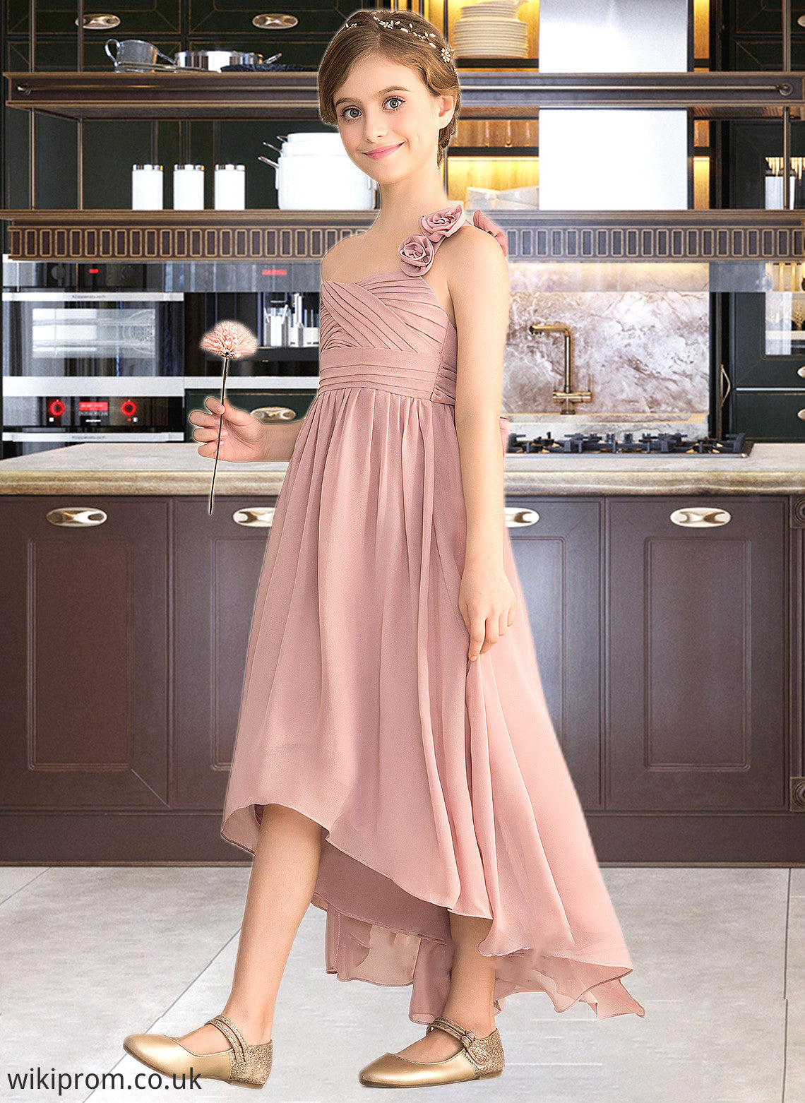 Ashley A-Line One-Shoulder Asymmetrical Chiffon Junior Bridesmaid Dress With Ruffle Flower(s) Bow(s) SWKP0013410