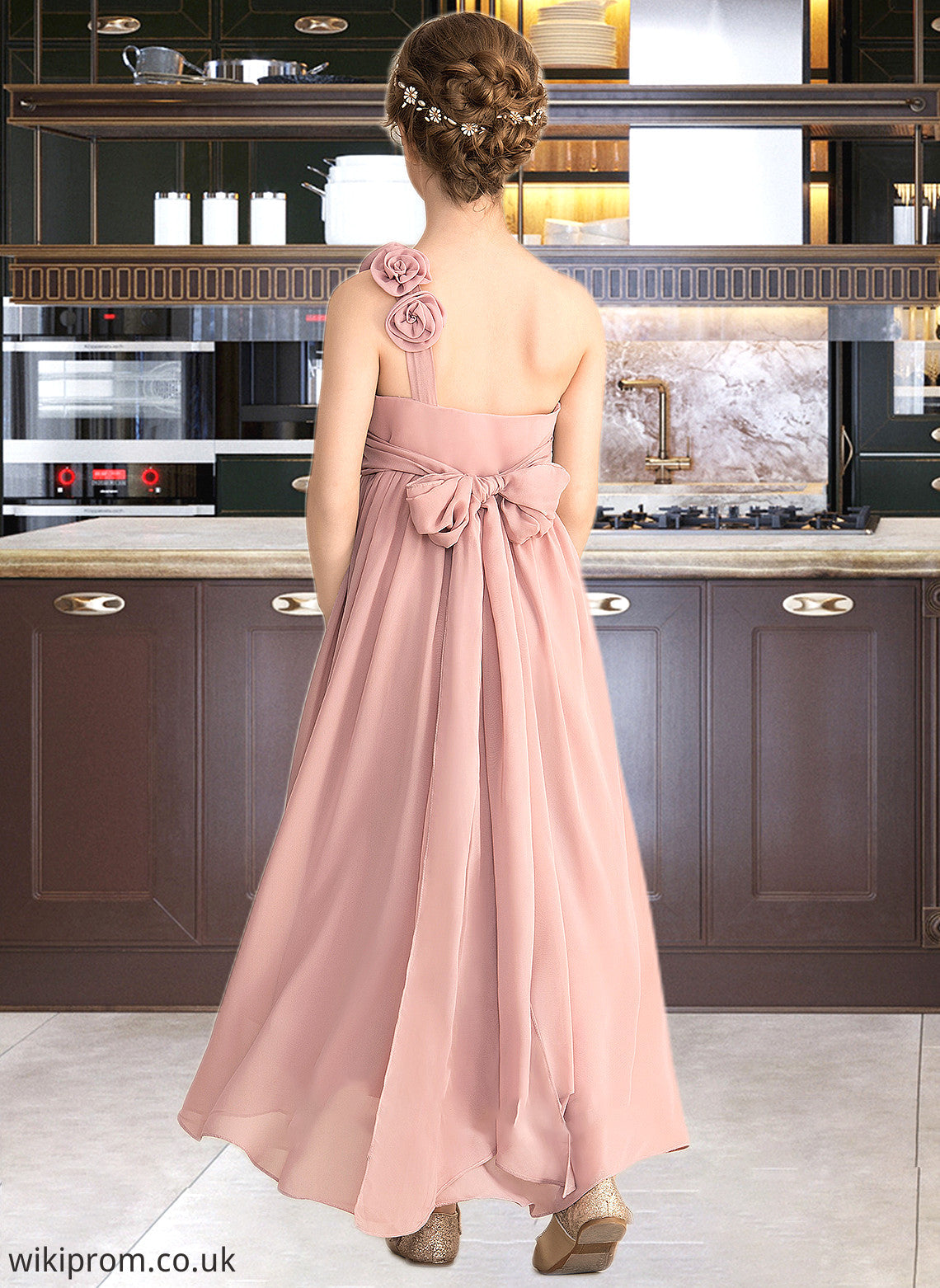 Ashley A-Line One-Shoulder Asymmetrical Chiffon Junior Bridesmaid Dress With Ruffle Flower(s) Bow(s) SWKP0013410