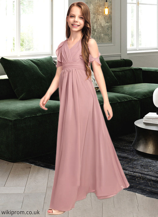 Janessa A-Line V-neck Floor-Length Chiffon Junior Bridesmaid Dress With Cascading Ruffles SWKP0013413