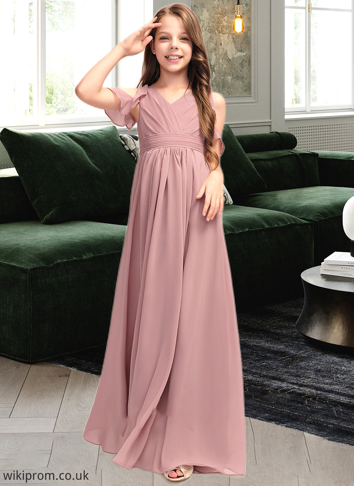 Janessa A-Line V-neck Floor-Length Chiffon Junior Bridesmaid Dress With Cascading Ruffles SWKP0013413