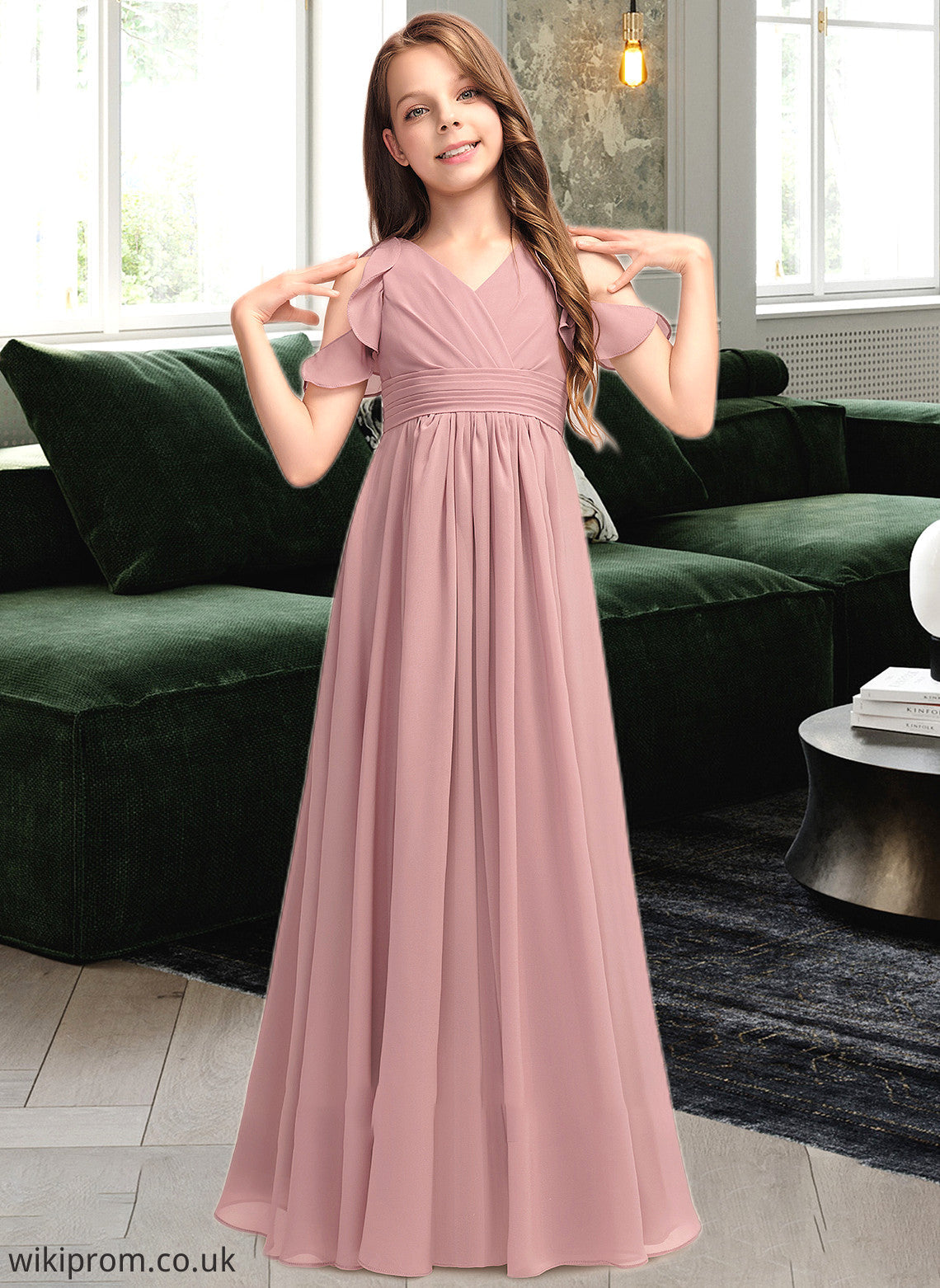 Janessa A-Line V-neck Floor-Length Chiffon Junior Bridesmaid Dress With Cascading Ruffles SWKP0013413