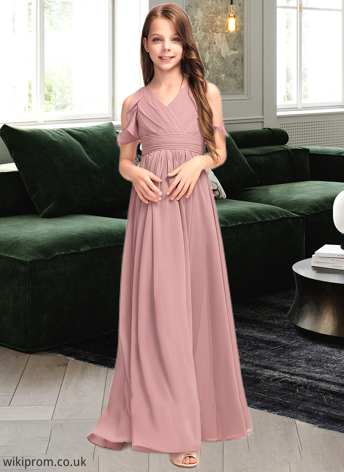 Janessa A-Line V-neck Floor-Length Chiffon Junior Bridesmaid Dress With Cascading Ruffles SWKP0013413