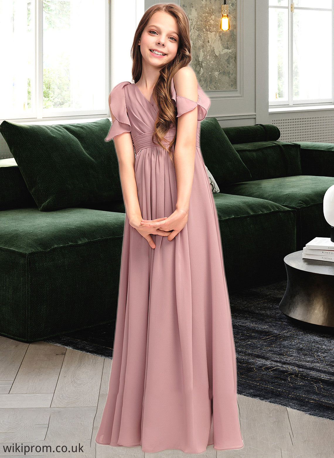 Janessa A-Line V-neck Floor-Length Chiffon Junior Bridesmaid Dress With Cascading Ruffles SWKP0013413