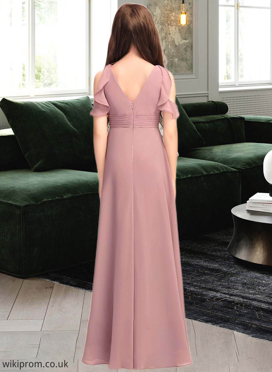 Janessa A-Line V-neck Floor-Length Chiffon Junior Bridesmaid Dress With Cascading Ruffles SWKP0013413