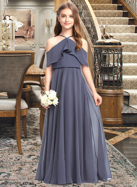 Alula A-Line Off-the-Shoulder Floor-Length Chiffon Junior Bridesmaid Dress With Cascading Ruffles SWKP0013415