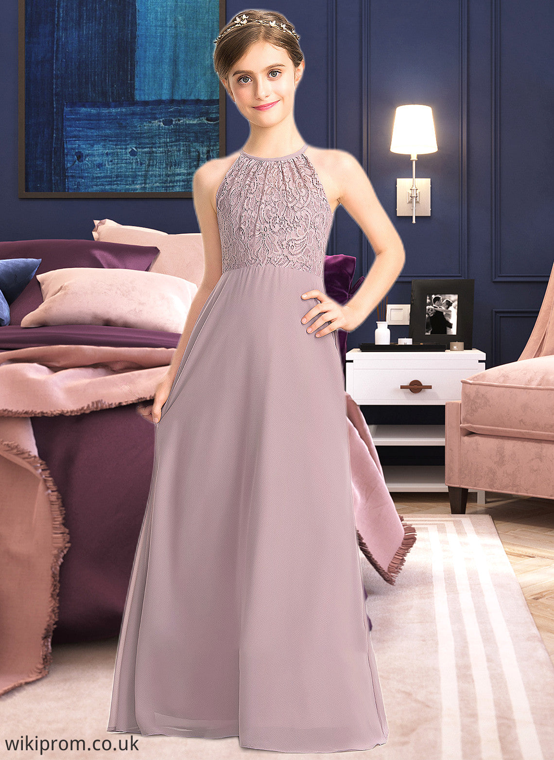 Uerica A-LineScoopNeckFloor-LengthChiffonLaceJuniorBridesmaidDressWithRuffle#173272 SWKP0013416