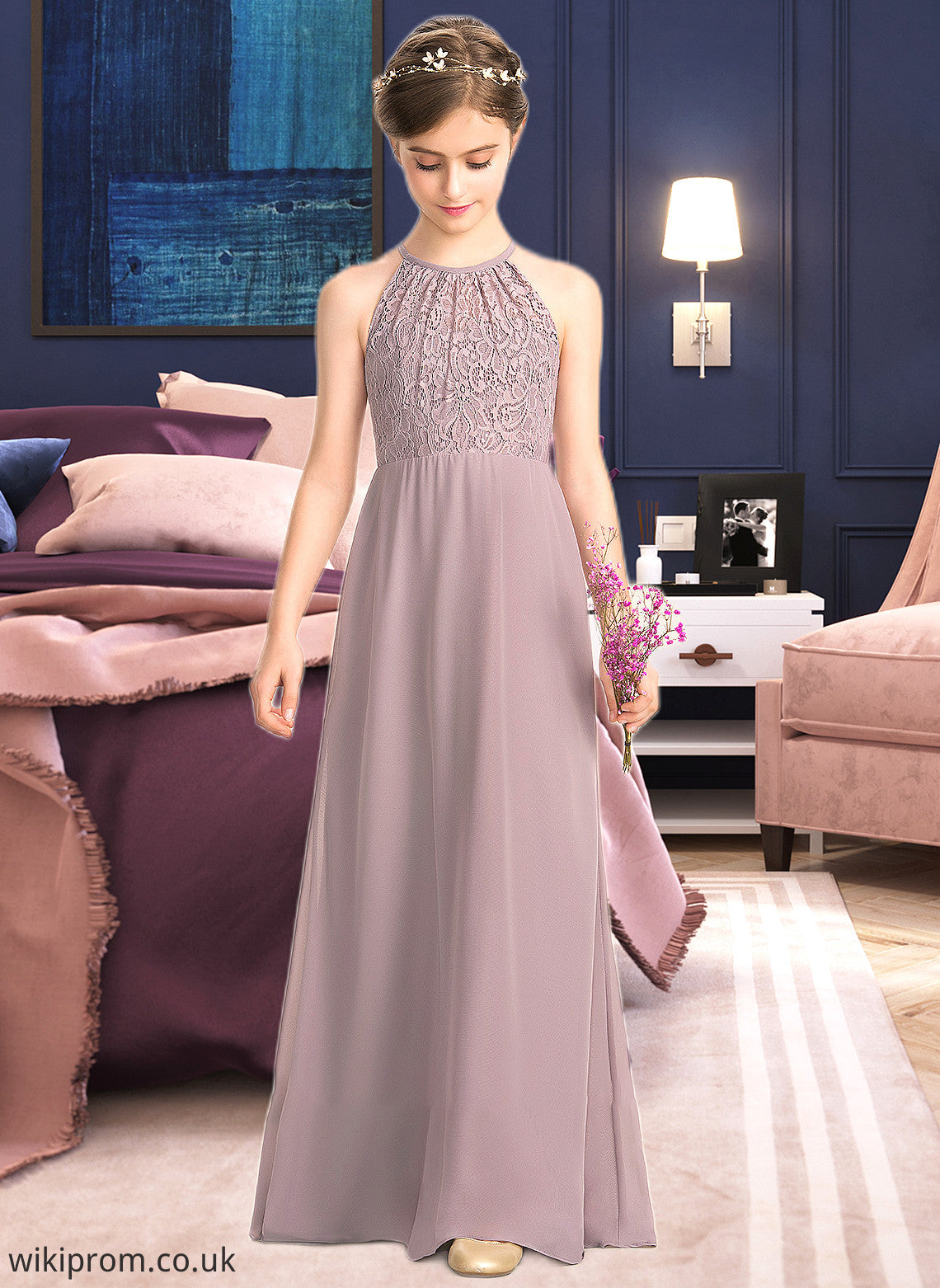 Uerica A-LineScoopNeckFloor-LengthChiffonLaceJuniorBridesmaidDressWithRuffle#173272 SWKP0013416