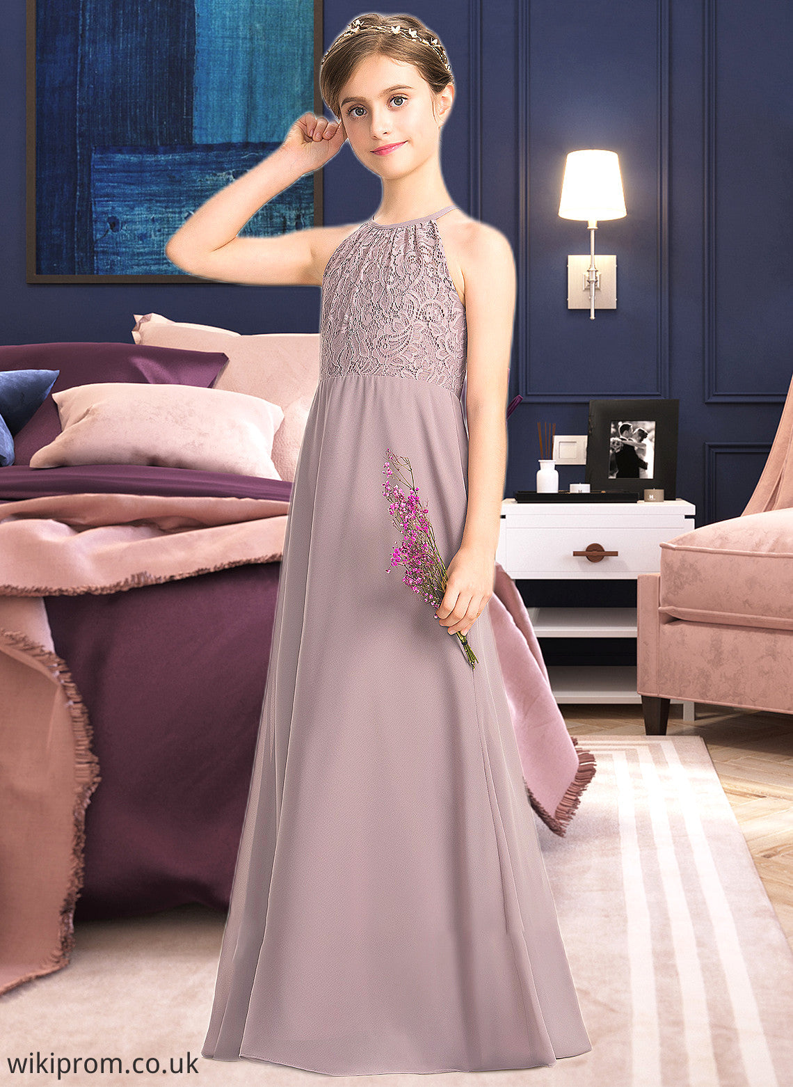 Uerica A-LineScoopNeckFloor-LengthChiffonLaceJuniorBridesmaidDressWithRuffle#173272 SWKP0013416