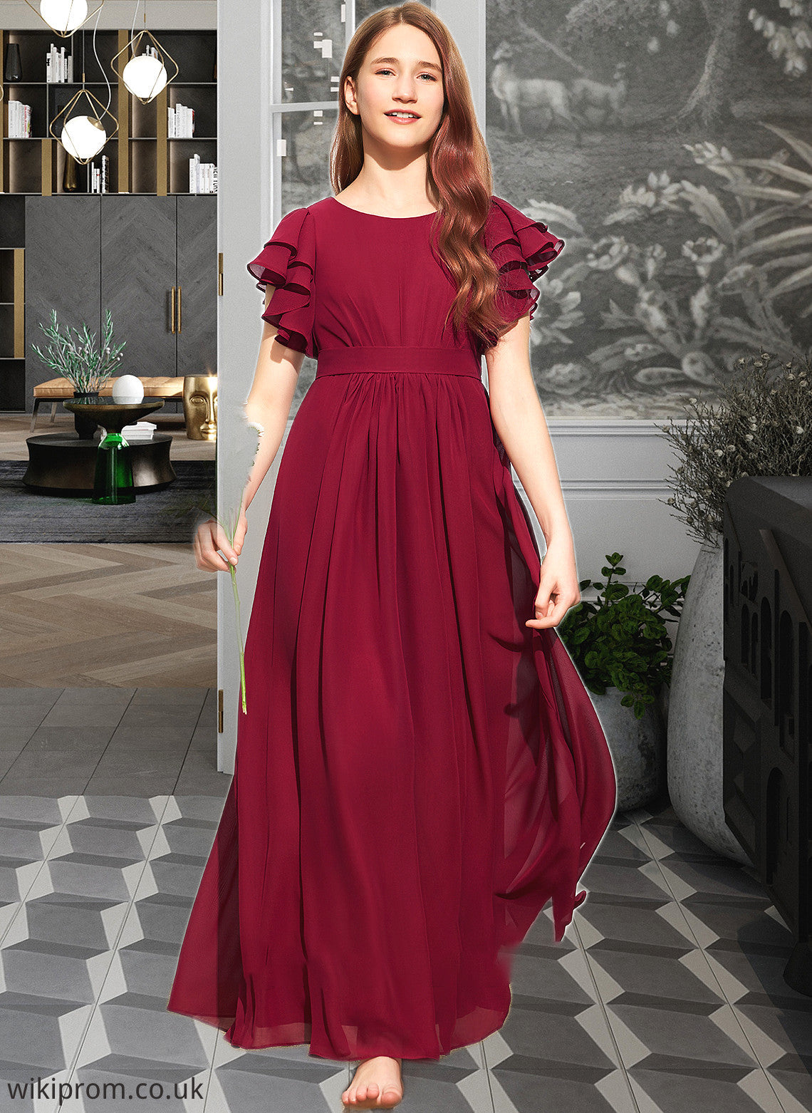 Laura A-Line Scoop Neck Floor-Length Chiffon Junior Bridesmaid Dress With Cascading Ruffles SWKP0013417