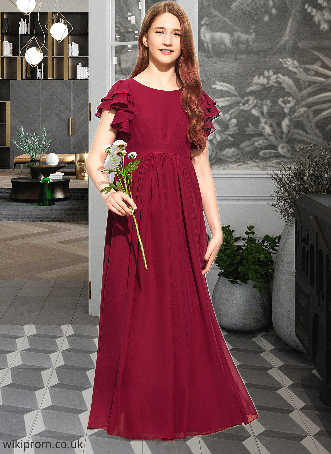 Laura A-Line Scoop Neck Floor-Length Chiffon Junior Bridesmaid Dress With Cascading Ruffles SWKP0013417