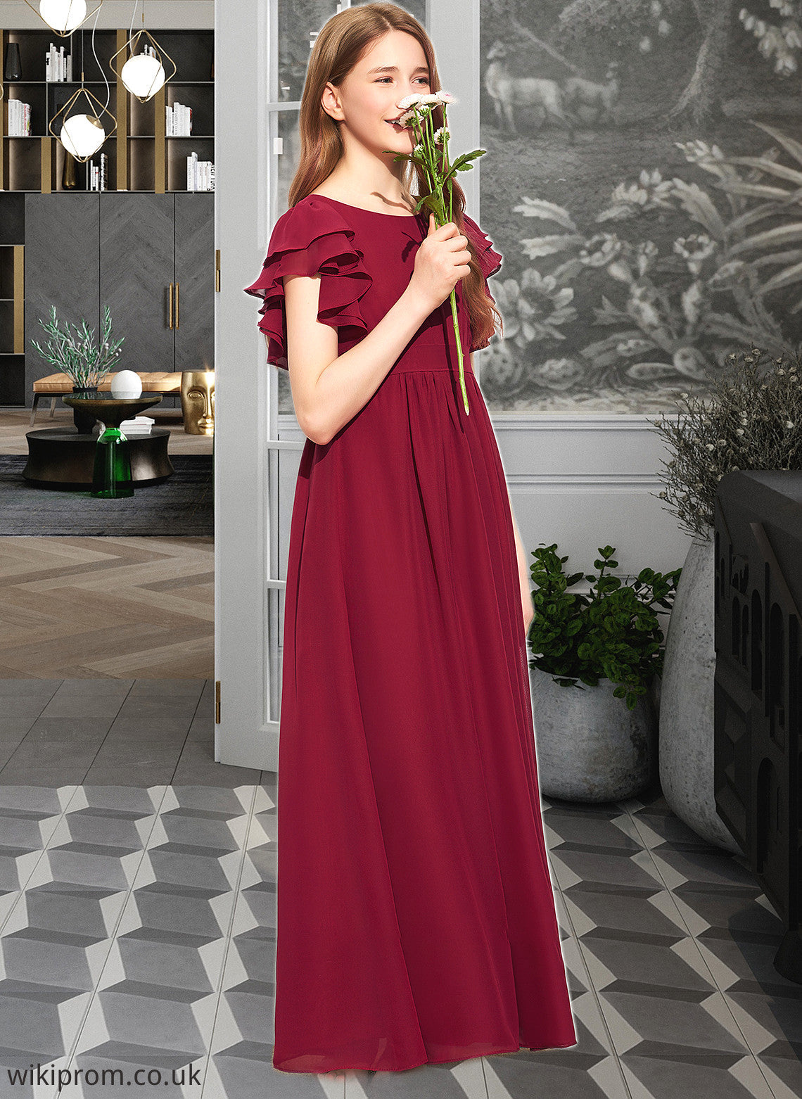 Laura A-Line Scoop Neck Floor-Length Chiffon Junior Bridesmaid Dress With Cascading Ruffles SWKP0013417