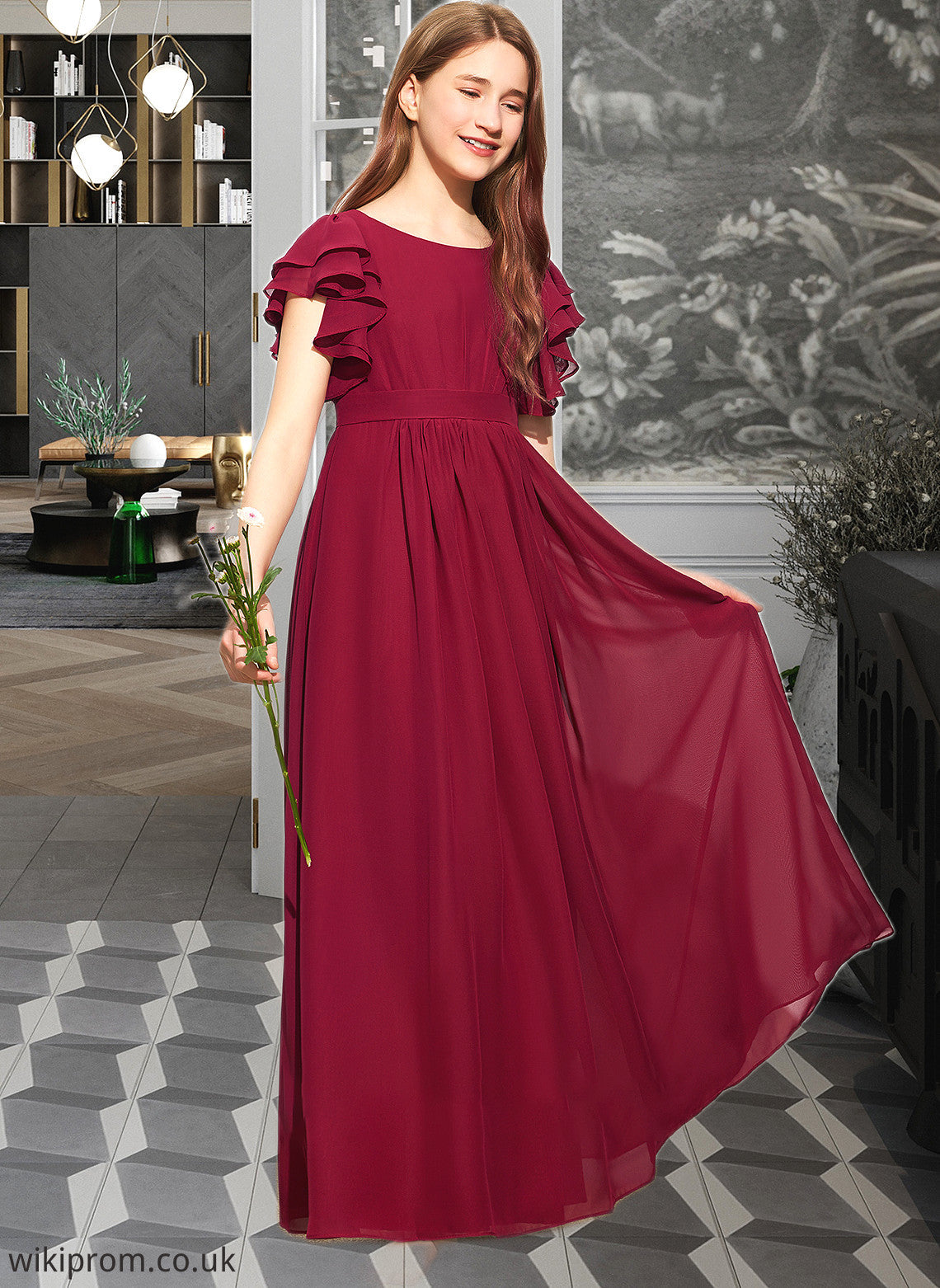 Laura A-Line Scoop Neck Floor-Length Chiffon Junior Bridesmaid Dress With Cascading Ruffles SWKP0013417