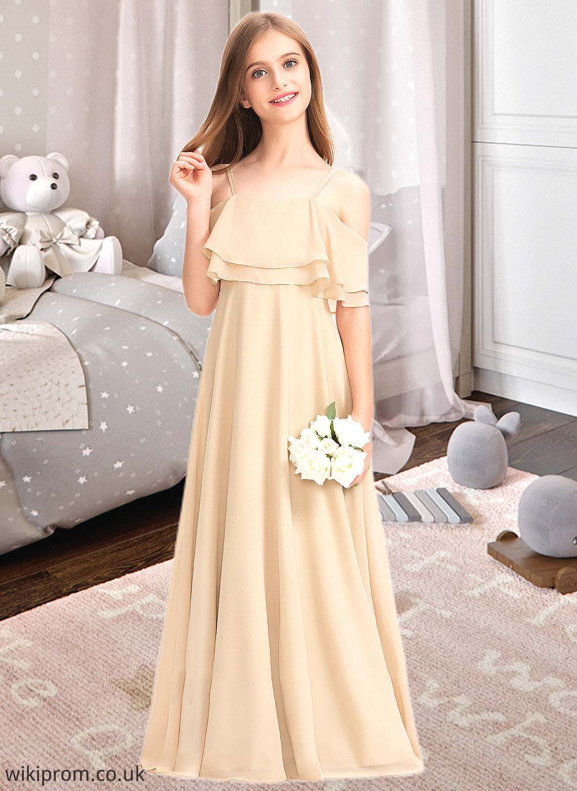 Dayami A-Line Off-the-Shoulder Floor-Length Chiffon Junior Bridesmaid Dress With Cascading Ruffles SWKP0013419