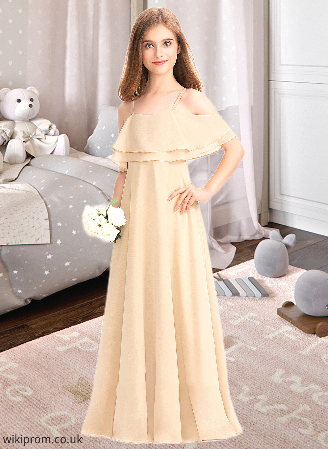 Dayami A-Line Off-the-Shoulder Floor-Length Chiffon Junior Bridesmaid Dress With Cascading Ruffles SWKP0013419