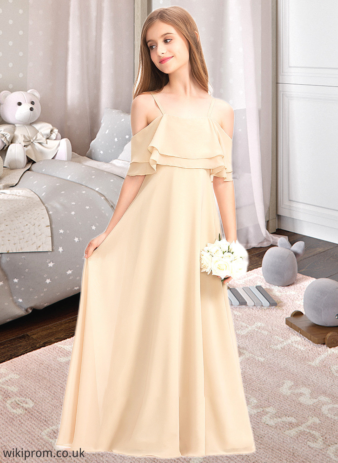 Dayami A-Line Off-the-Shoulder Floor-Length Chiffon Junior Bridesmaid Dress With Cascading Ruffles SWKP0013419