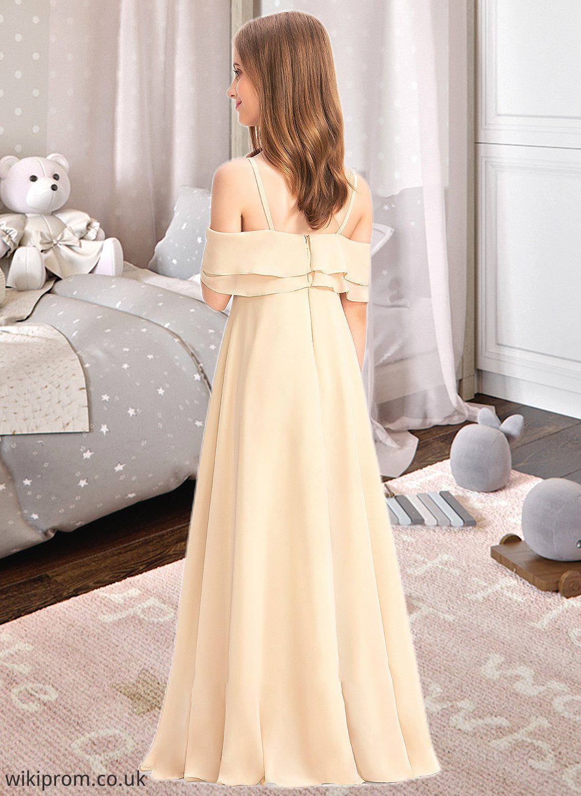 Dayami A-Line Off-the-Shoulder Floor-Length Chiffon Junior Bridesmaid Dress With Cascading Ruffles SWKP0013419