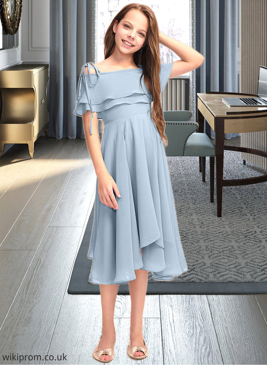 Claire A-Line Off-the-Shoulder Asymmetrical Chiffon Junior Bridesmaid Dress With Cascading Ruffles SWKP0013420