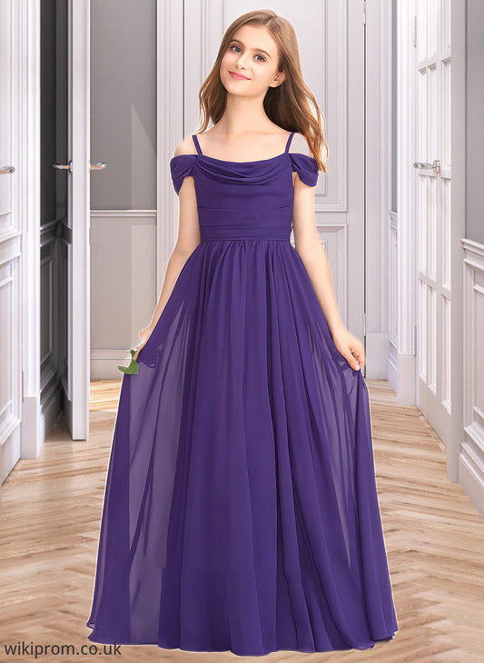 Cecilia A-Line Off-the-Shoulder Floor-Length Chiffon Junior Bridesmaid Dress With Ruffle SWKP0013421