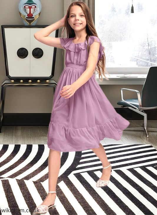 Elle A-Line Scoop Neck Knee-Length Chiffon Junior Bridesmaid Dress With Bow(s) Cascading Ruffles SWKP0013426