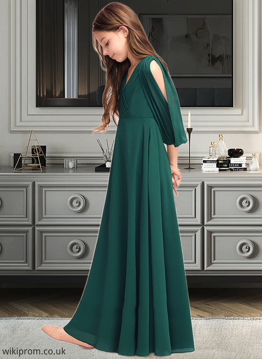 Philippa A-Line V-neck Floor-Length Chiffon Junior Bridesmaid Dress With Ruffles SWKP0013427