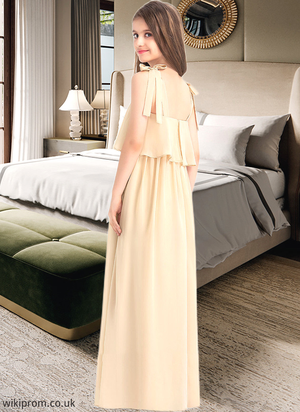 Anya A-Line Square Neckline Floor-Length Chiffon Junior Bridesmaid Dress With Bow(s) Cascading Ruffles SWKP0013428