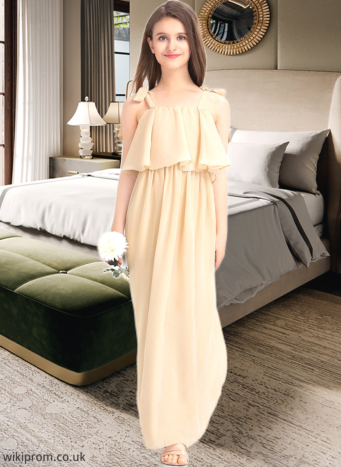 Anya A-Line Square Neckline Floor-Length Chiffon Junior Bridesmaid Dress With Bow(s) Cascading Ruffles SWKP0013428