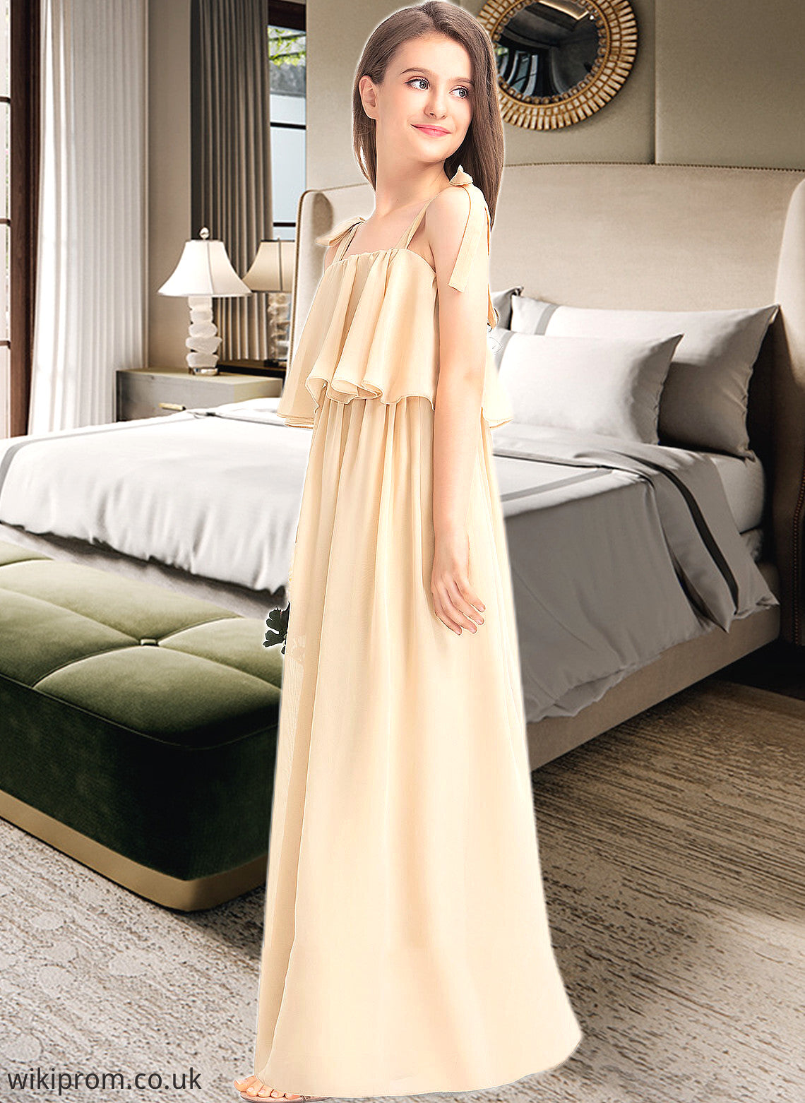 Anya A-Line Square Neckline Floor-Length Chiffon Junior Bridesmaid Dress With Bow(s) Cascading Ruffles SWKP0013428