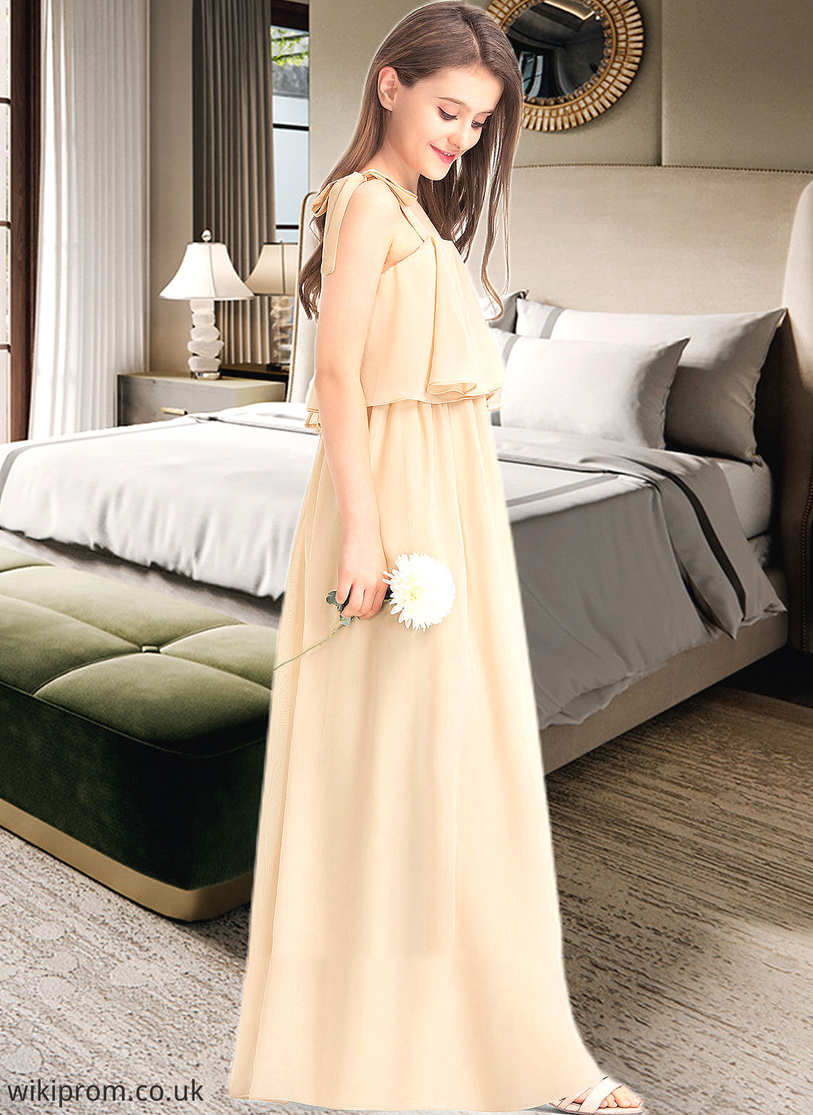 Anya A-Line Square Neckline Floor-Length Chiffon Junior Bridesmaid Dress With Bow(s) Cascading Ruffles SWKP0013428