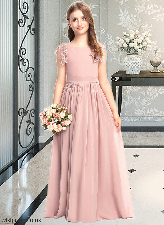 Lena A-Line Scoop Neck Floor-Length Chiffon Lace Junior Bridesmaid Dress With Bow(s) SWKP0013429