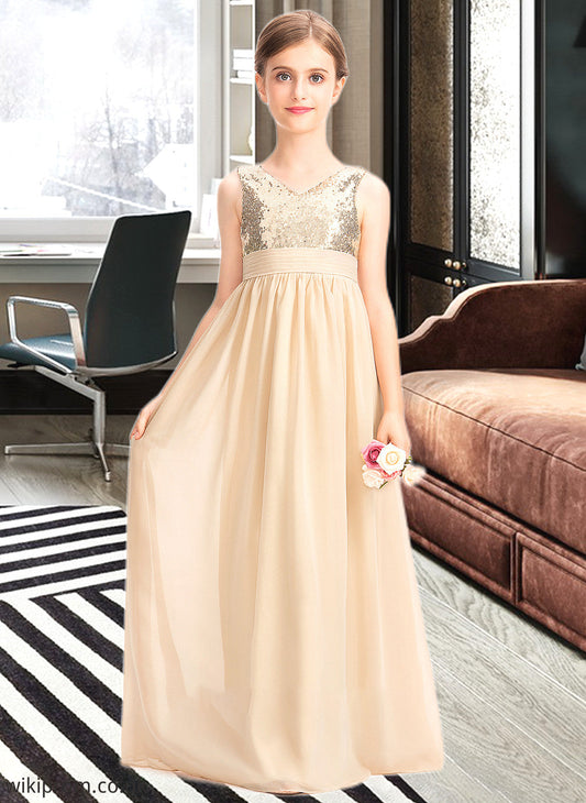 Kaley A-Line V-neck Floor-Length Chiffon Sequined Junior Bridesmaid Dress With Ruffle SWKP0013430