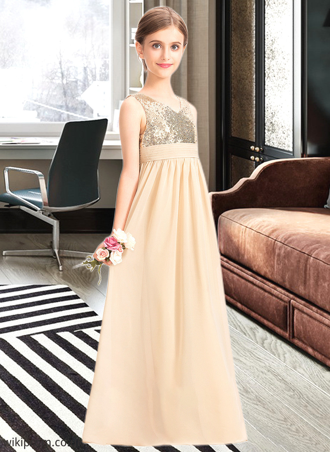 Kaley A-Line V-neck Floor-Length Chiffon Sequined Junior Bridesmaid Dress With Ruffle SWKP0013430