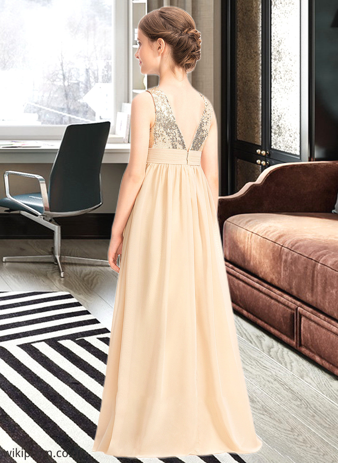 Kaley A-Line V-neck Floor-Length Chiffon Sequined Junior Bridesmaid Dress With Ruffle SWKP0013430