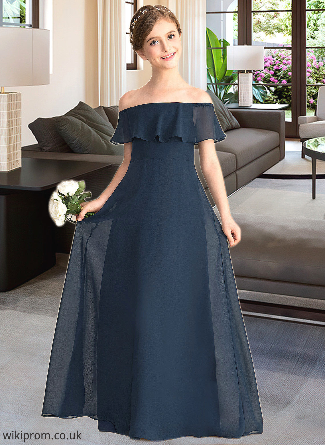 Brittany A-Line Off-the-Shoulder Floor-Length Chiffon Junior Bridesmaid Dress With Cascading Ruffles SWKP0013431