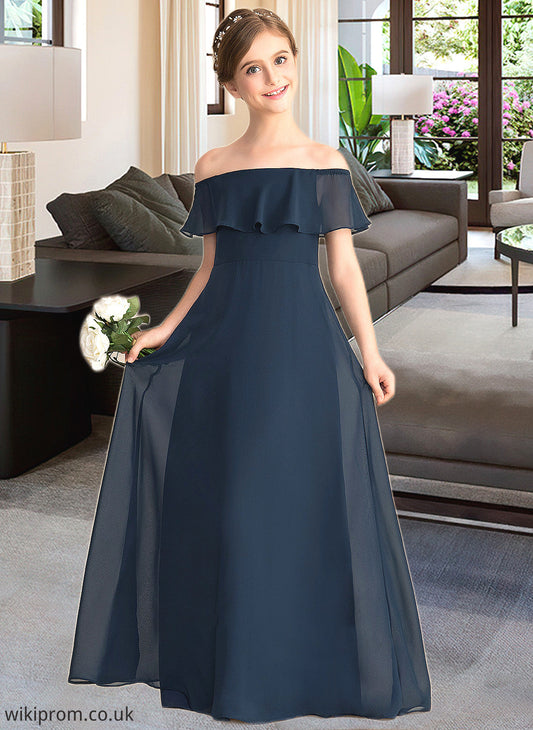 Brittany A-Line Off-the-Shoulder Floor-Length Chiffon Junior Bridesmaid Dress With Cascading Ruffles SWKP0013431