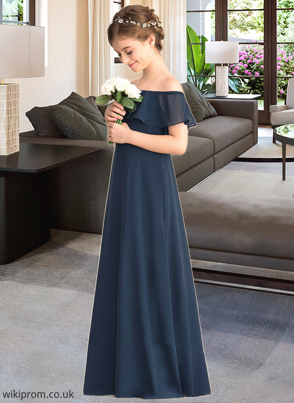 Brittany A-Line Off-the-Shoulder Floor-Length Chiffon Junior Bridesmaid Dress With Cascading Ruffles SWKP0013431