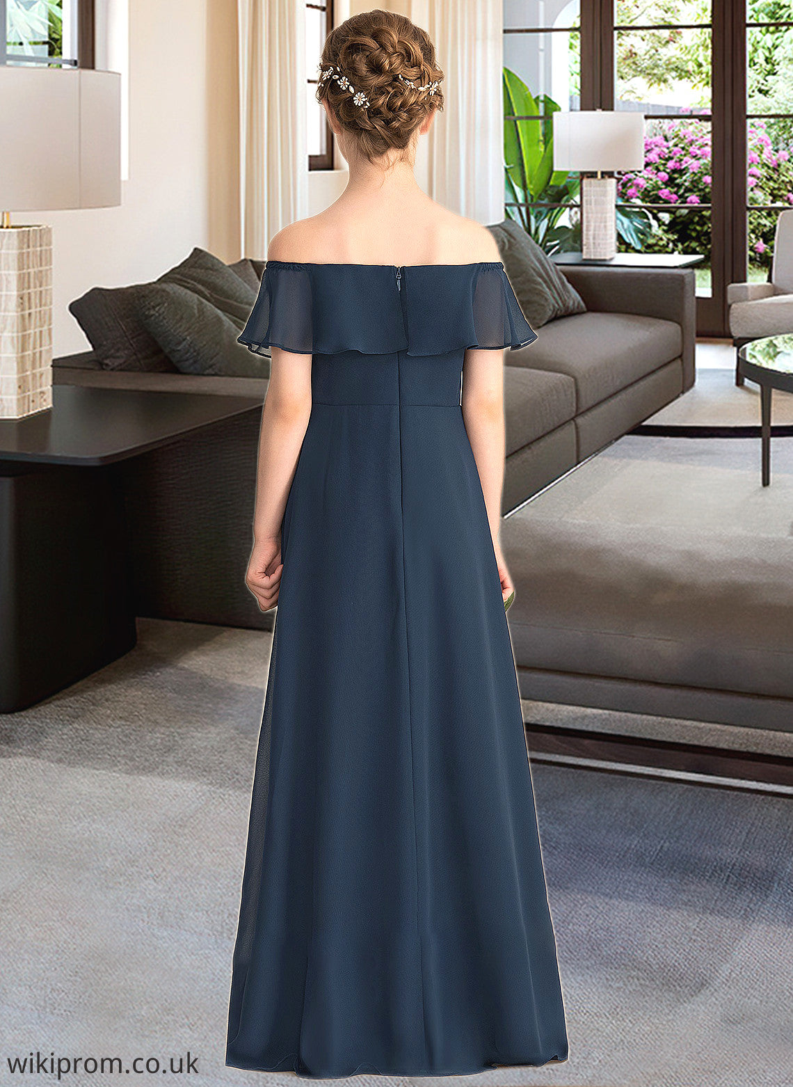 Brittany A-Line Off-the-Shoulder Floor-Length Chiffon Junior Bridesmaid Dress With Cascading Ruffles SWKP0013431