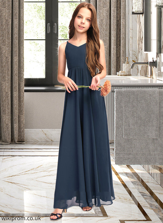 Pauline A-Line V-neck Floor-Length Chiffon Junior Bridesmaid Dress With Bow(s) SWKP0013432