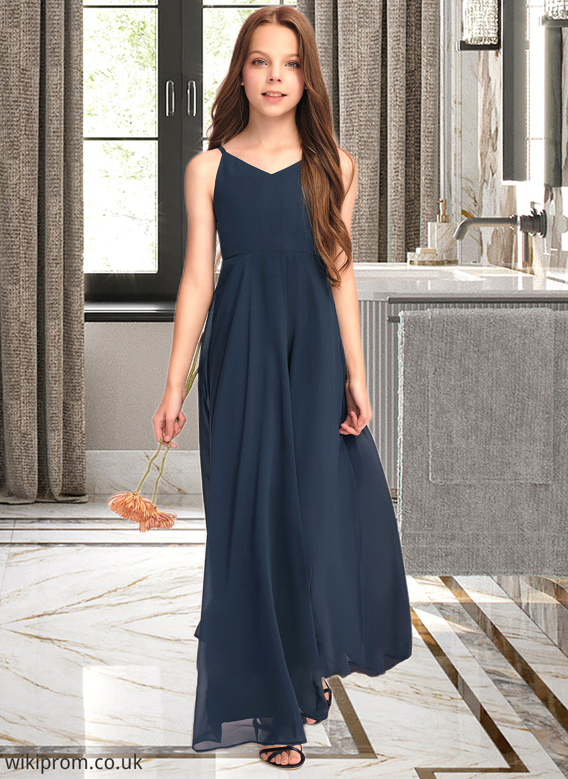 Pauline A-Line V-neck Floor-Length Chiffon Junior Bridesmaid Dress With Bow(s) SWKP0013432