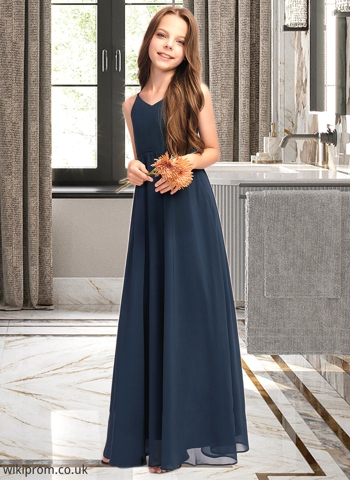 Pauline A-Line V-neck Floor-Length Chiffon Junior Bridesmaid Dress With Bow(s) SWKP0013432