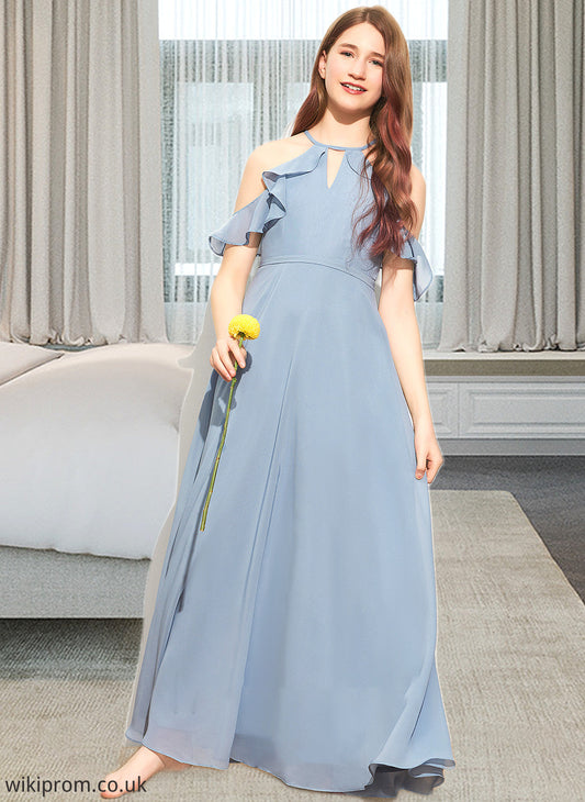 Ashlee A-Line Scoop Neck Floor-Length Chiffon Junior Bridesmaid Dress With Bow(s) Cascading Ruffles SWKP0013433