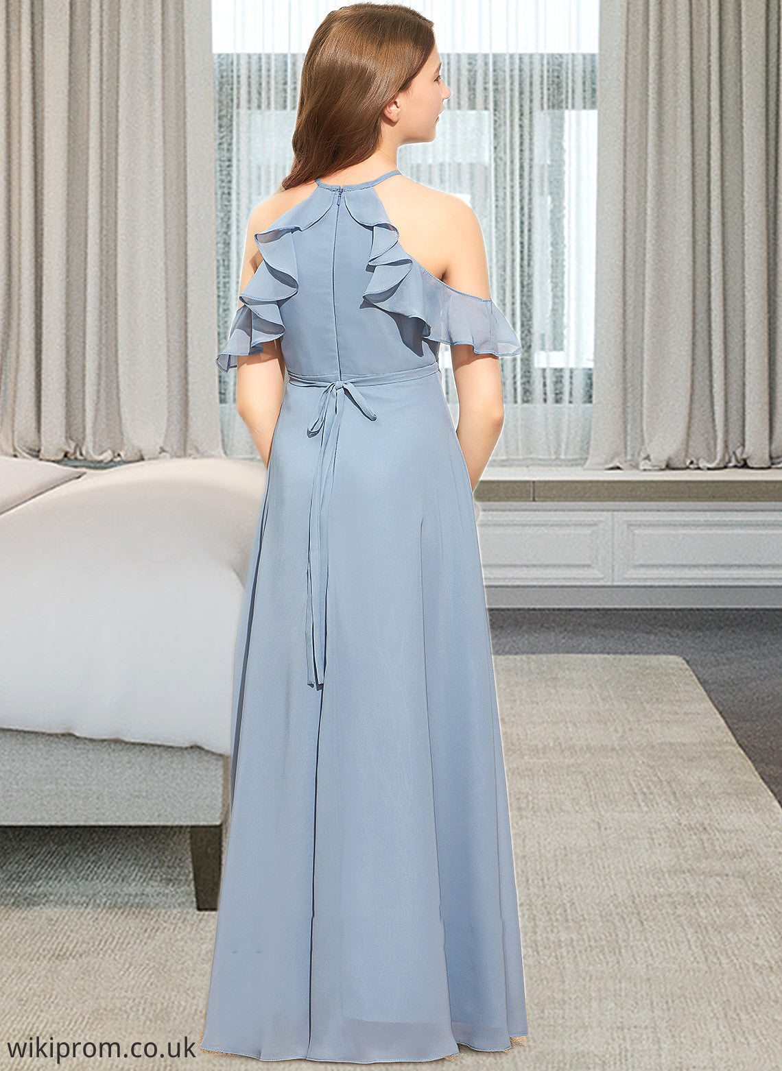 Ashlee A-Line Scoop Neck Floor-Length Chiffon Junior Bridesmaid Dress With Bow(s) Cascading Ruffles SWKP0013433