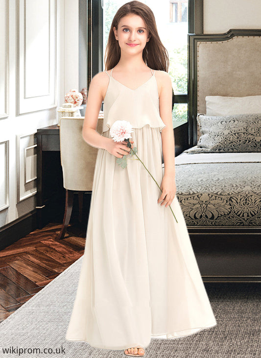 Lizbeth A-Line V-neck Floor-Length Chiffon Junior Bridesmaid Dress SWKP0013435