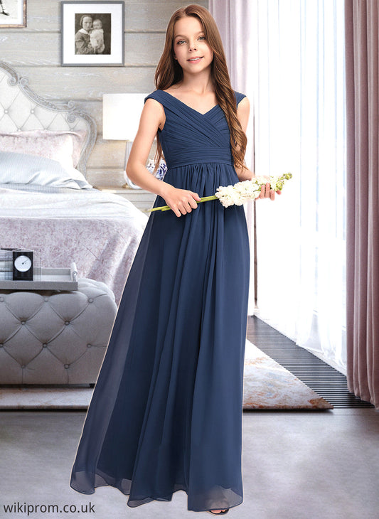 Rayne A-Line Off-the-Shoulder Floor-Length Chiffon Junior Bridesmaid Dress With Ruffles SWKP0013436