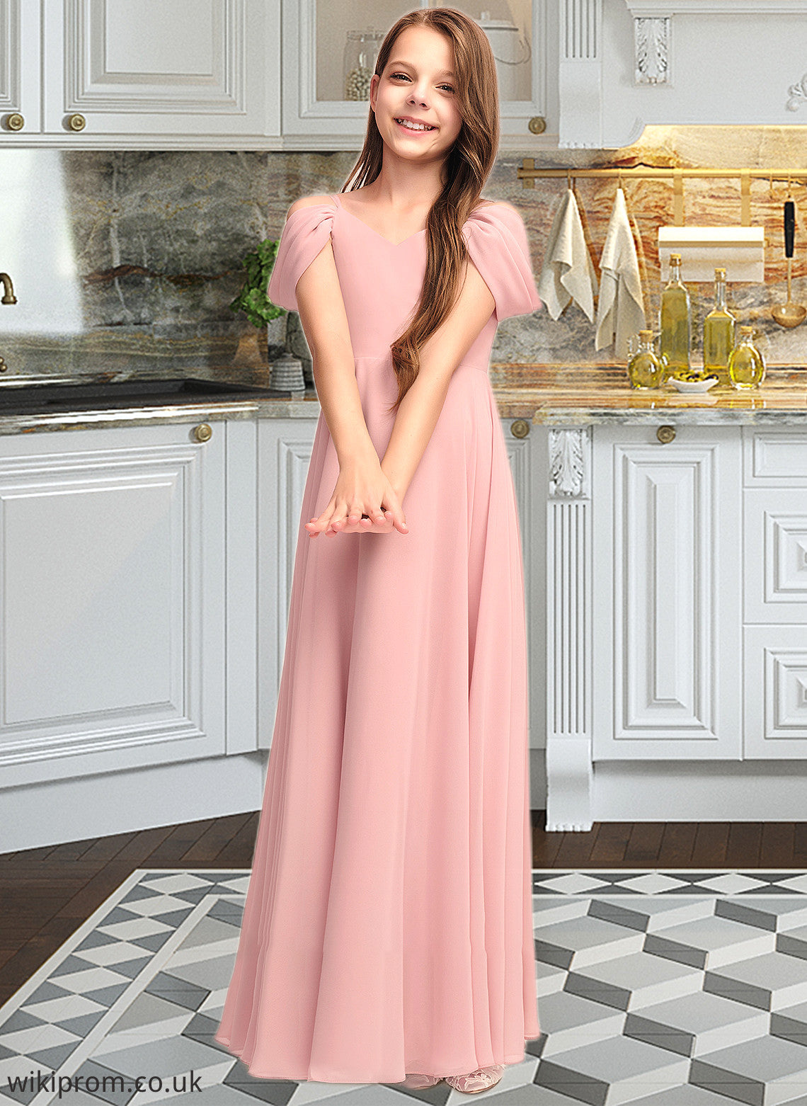 Abbie A-Line V-neck Floor-Length Chiffon Junior Bridesmaid Dress With Ruffle SWKP0013437