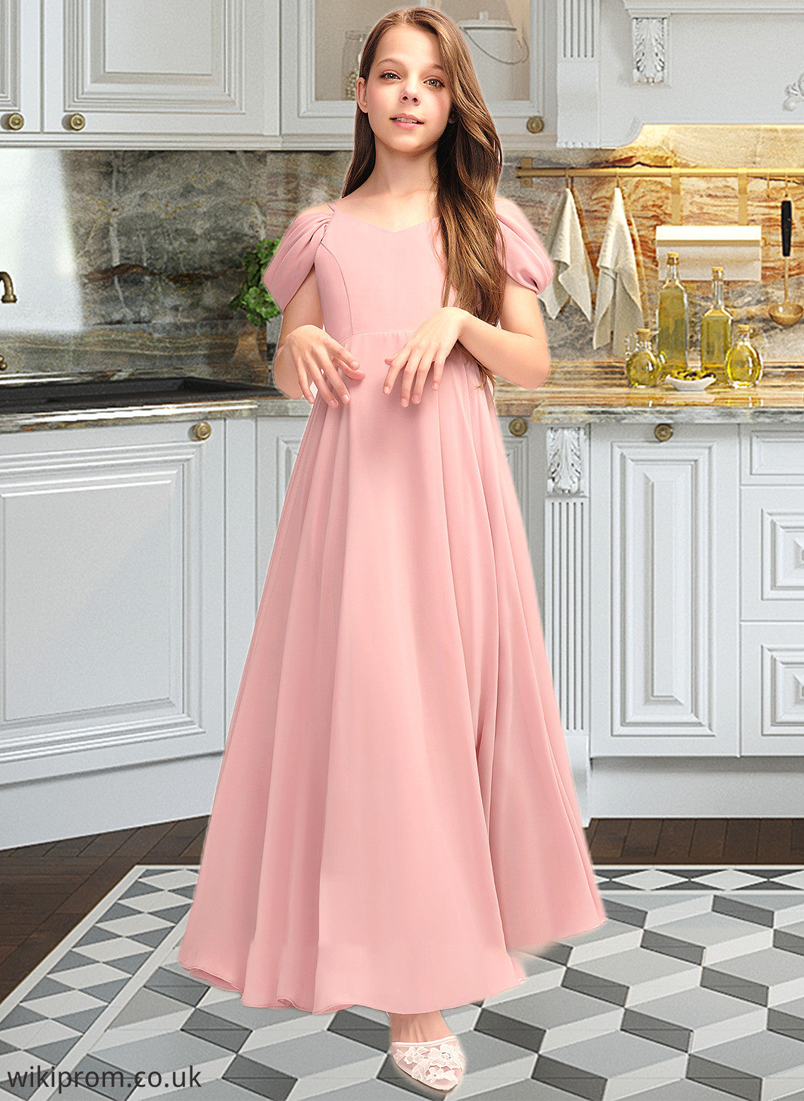 Abbie A-Line V-neck Floor-Length Chiffon Junior Bridesmaid Dress With Ruffle SWKP0013437