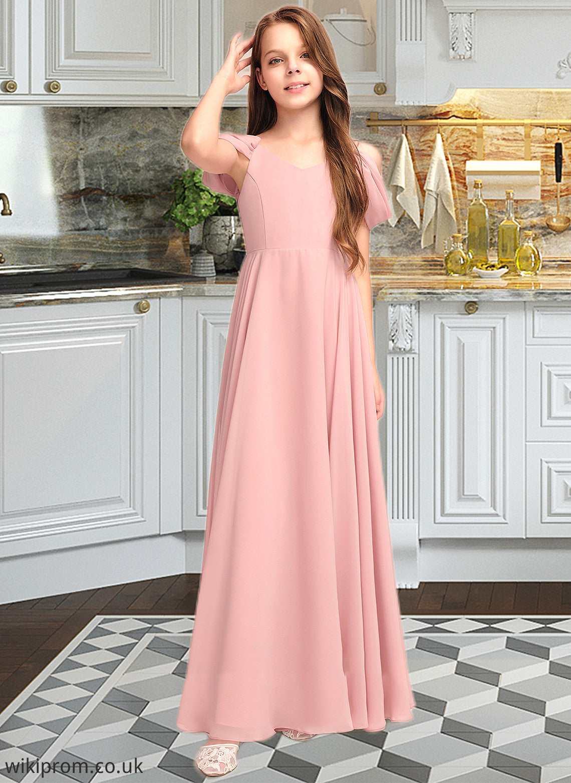 Abbie A-Line V-neck Floor-Length Chiffon Junior Bridesmaid Dress With Ruffle SWKP0013437