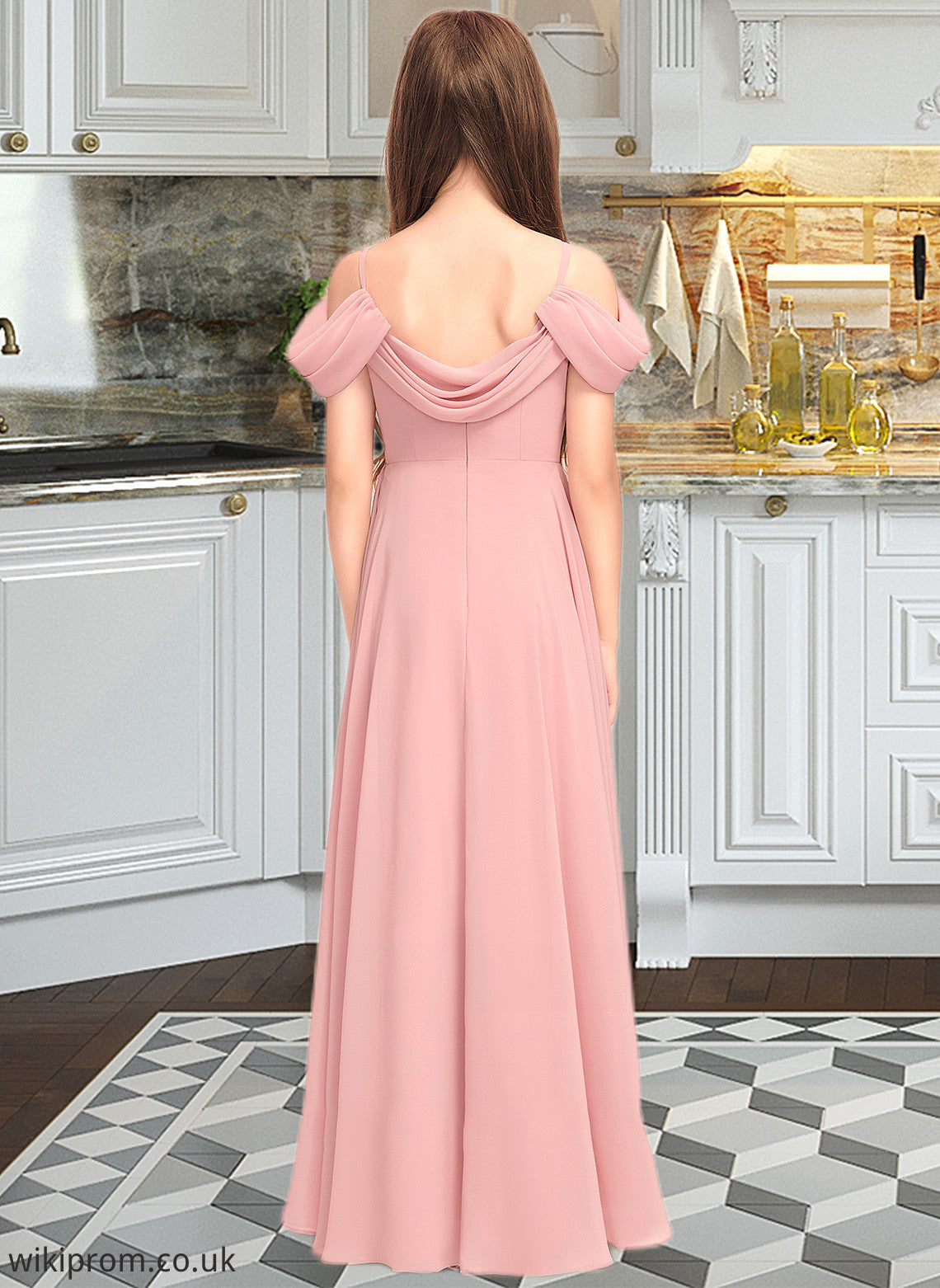 Abbie A-Line V-neck Floor-Length Chiffon Junior Bridesmaid Dress With Ruffle SWKP0013437